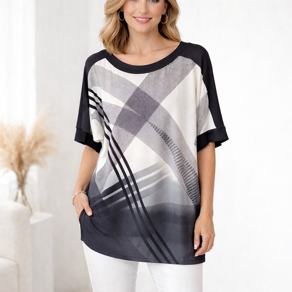 Easywear Chico’s Stacey Black White Geometric Tunic Dress Top Sz 2 Large - Picture 1 of 11